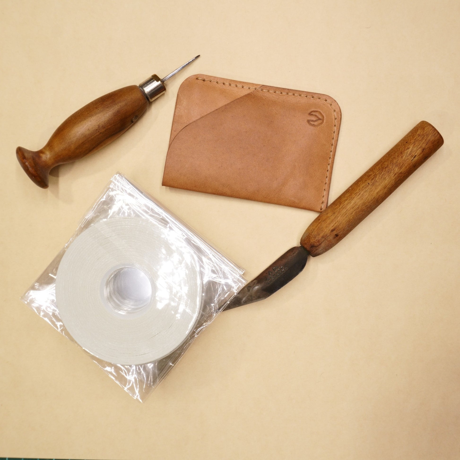 5mm double sided leathercraft tape with Vektor Leather wallet and leatherworking tools