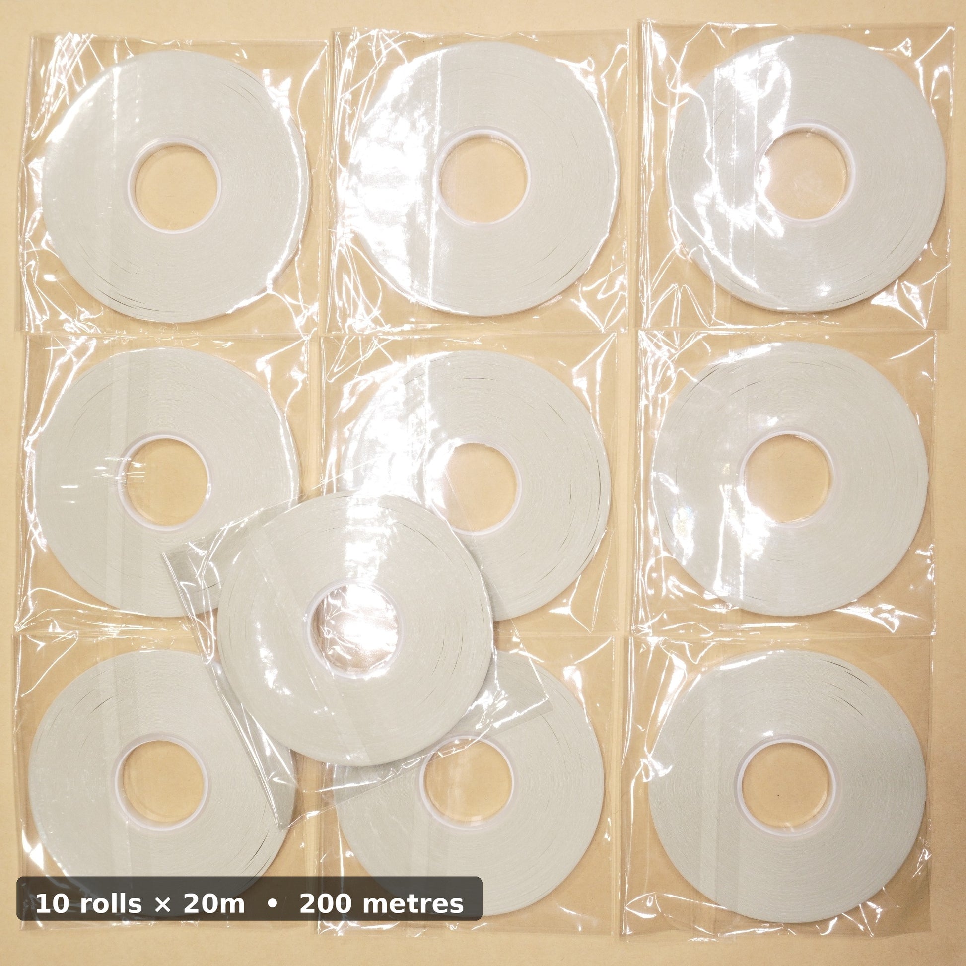 10 roll pack of 5mm double sided leathercraft tape with 20 metres per roll